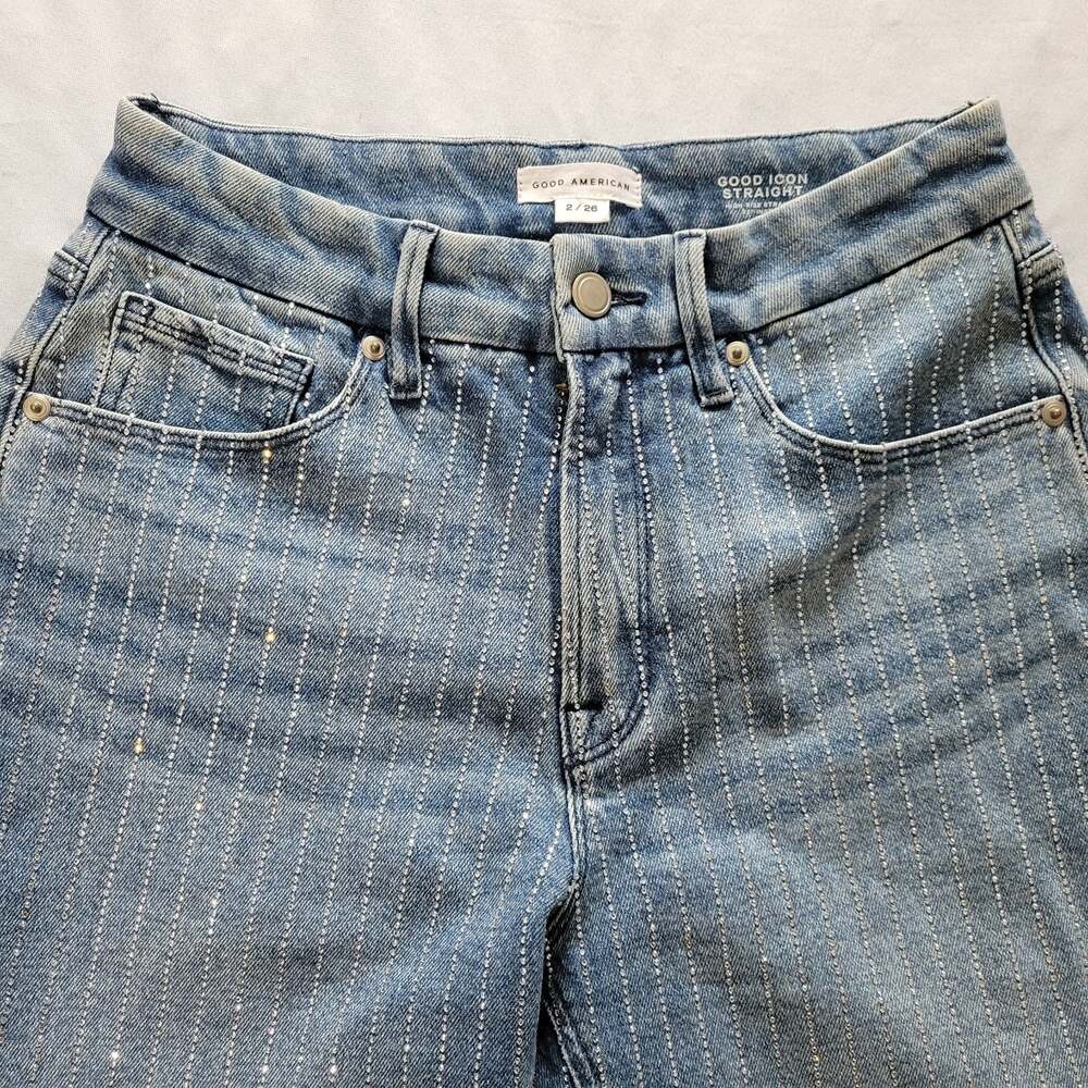 Good American Rhinestone Pinstripes Good Icon Straight Leg Jeans Sz 2/26 Bling